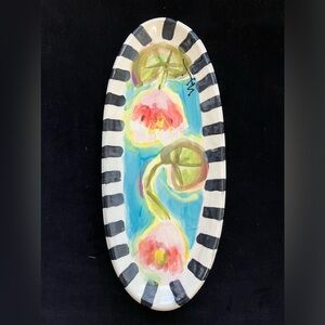 Handmade Ceramic Serving Tray Lotus Buds Design On Aqua 13” x5.5”Original